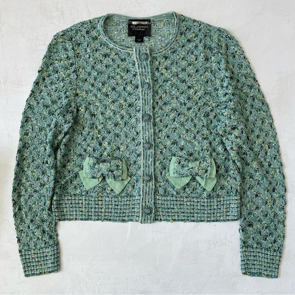 ST JOHN Couture Green Teal Tweed Knit Jacket Blouse with Bows Size L - Picture 1 of 10